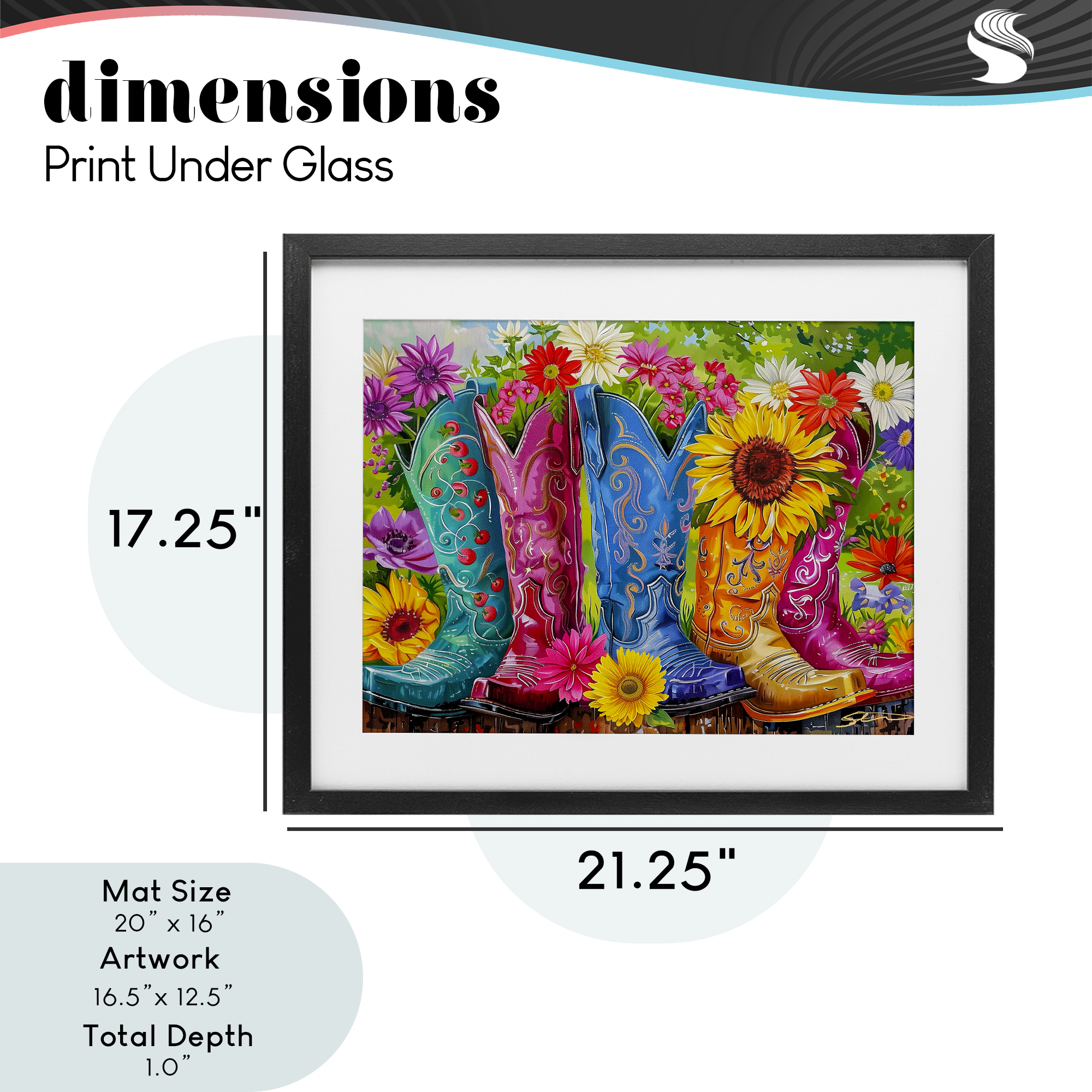 Cowboy Boots and Sunflowers Black Framed Print Under Glass, design by Shawna Stewart