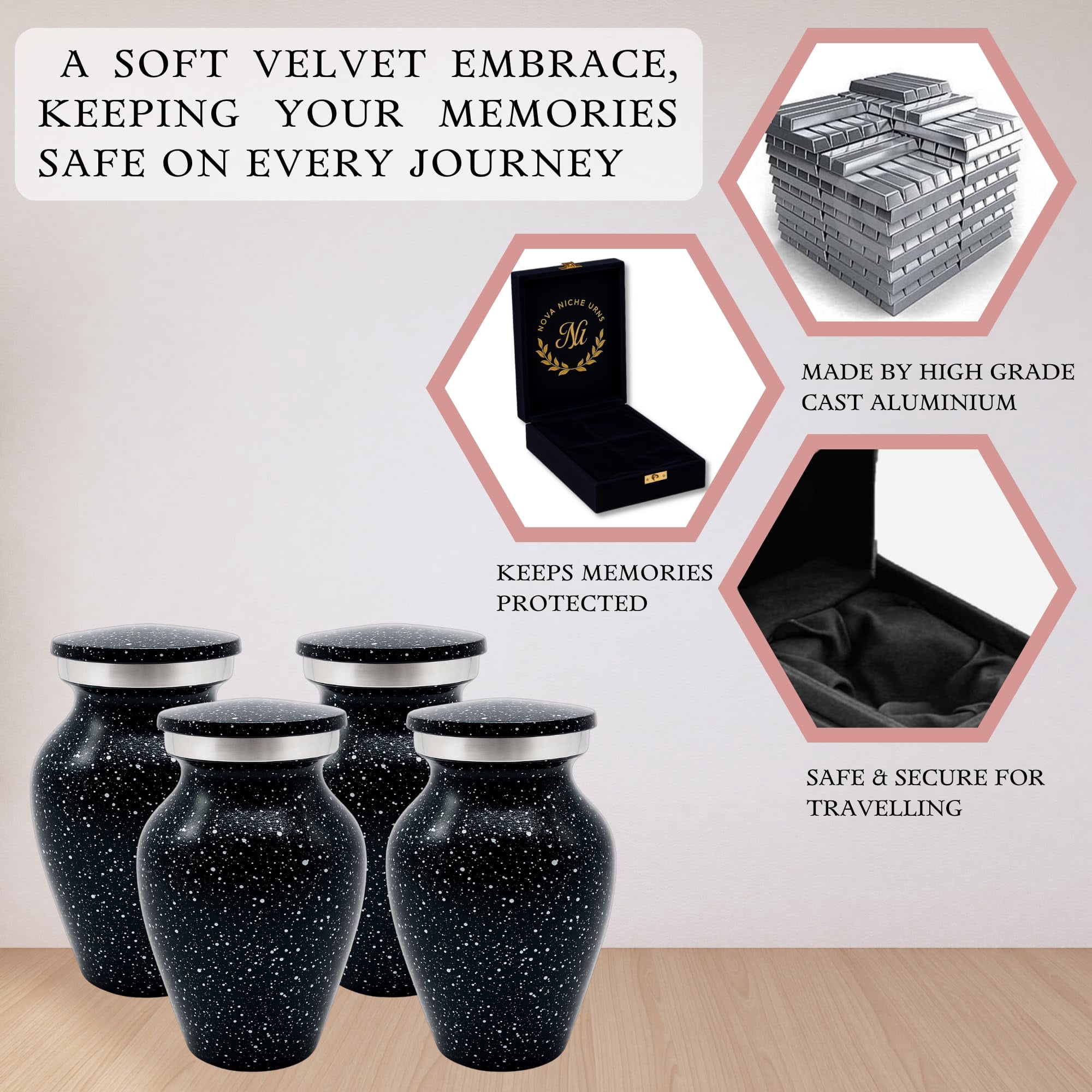 Nova Niche Urns Small Size Cremation Urn for Human Ashes, Mini Keepsake Set of 4 Black and White with Velvet Case