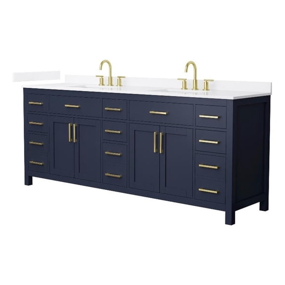 Beckett 84" Dark Blue Double Vanity & White Quartz Top (3-Hole) & Gold Trim