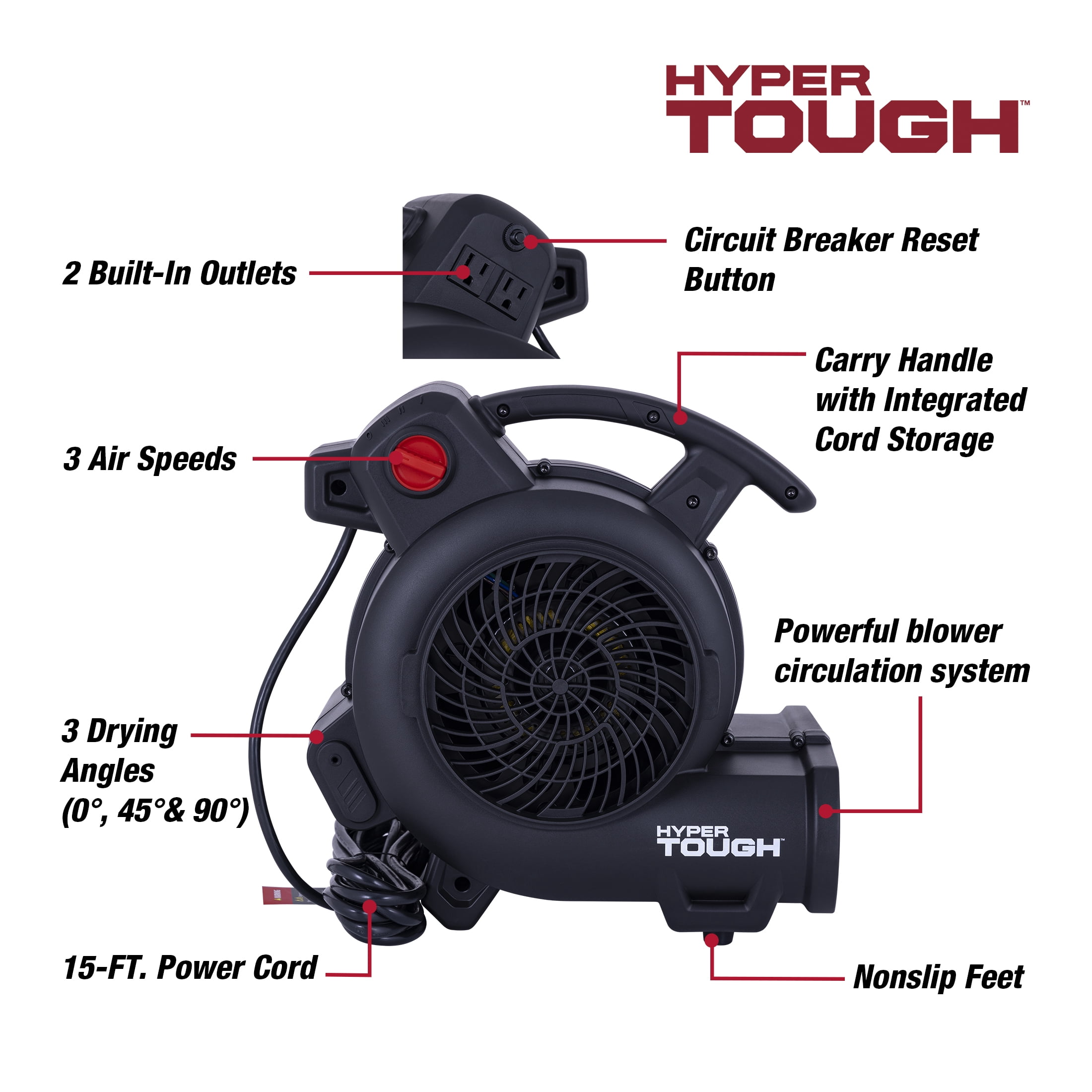 Hyper Tough 1/3 HP 1200 CFM Air Mover Blower Fan for Home Use, Workshop, and Industrial Use - 3 Speeds, 3 Adjustable Angles, and a Daisy Chain