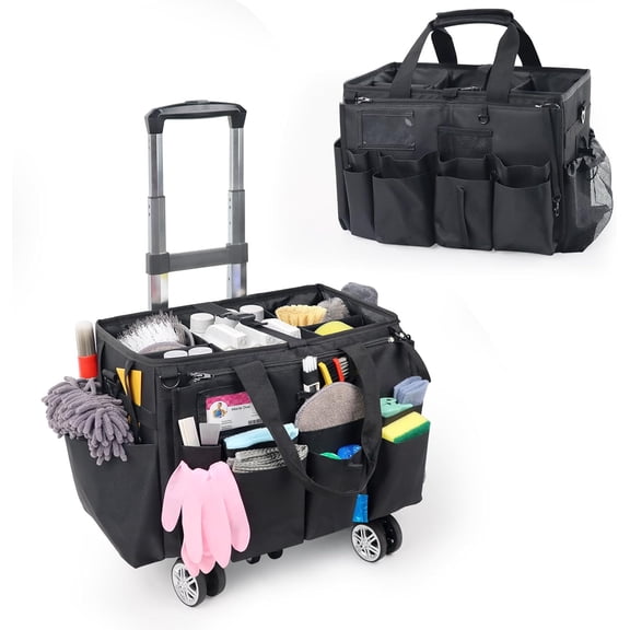 Rolling Cleaning Caddy Bag with Detachable Trolley, Multi-Functional Portable Cleaning Cart Supplies Organizer for Housekeeping and Domestic Cleaning, Large Capacity with Wheels, Black