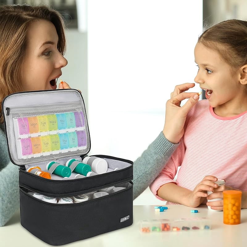 Medicine Storage Bag,Double Layers Pill Bottle Organizer Bag Empty with Lockable Zipper&Adjustable Divider,Medication Travel Carrying Bag for Pills,Vitamins,Medical Supplies