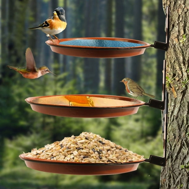 Comederos para pájaros, comedero para colibríes, 3 comederos para pájaros montados en árboles con acero resistente, bandeja marrón oscuro para baño de pájaros, se instala en cercas de madera, árboles