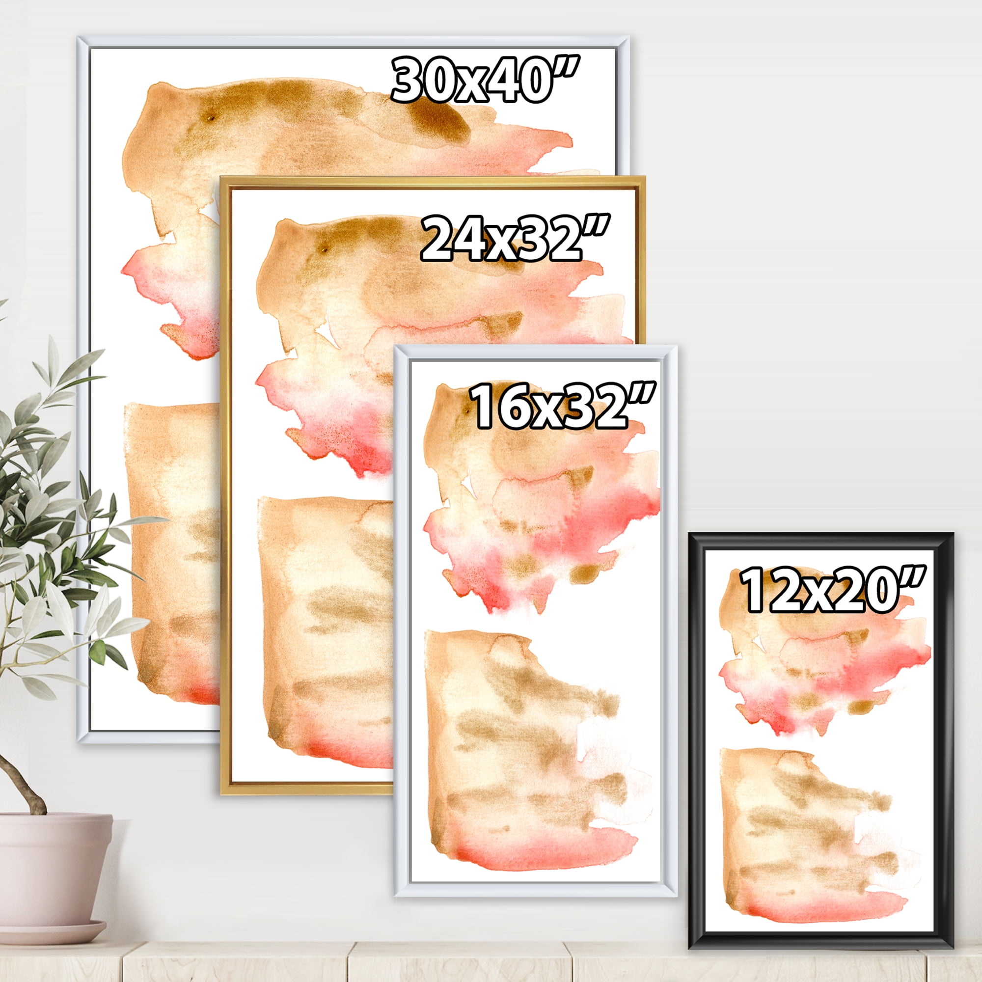 Red Pink Gold and Beige Abstract Clouds 12 in x 20 in Framed Painting Canvas Art Print, by Designart