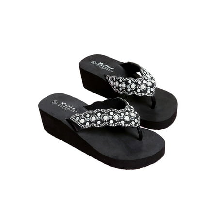 

UKAP Womens Pearl Wedge Beach Flip Flops Slippers Open Toe Anti-Slip Breathable Shoes