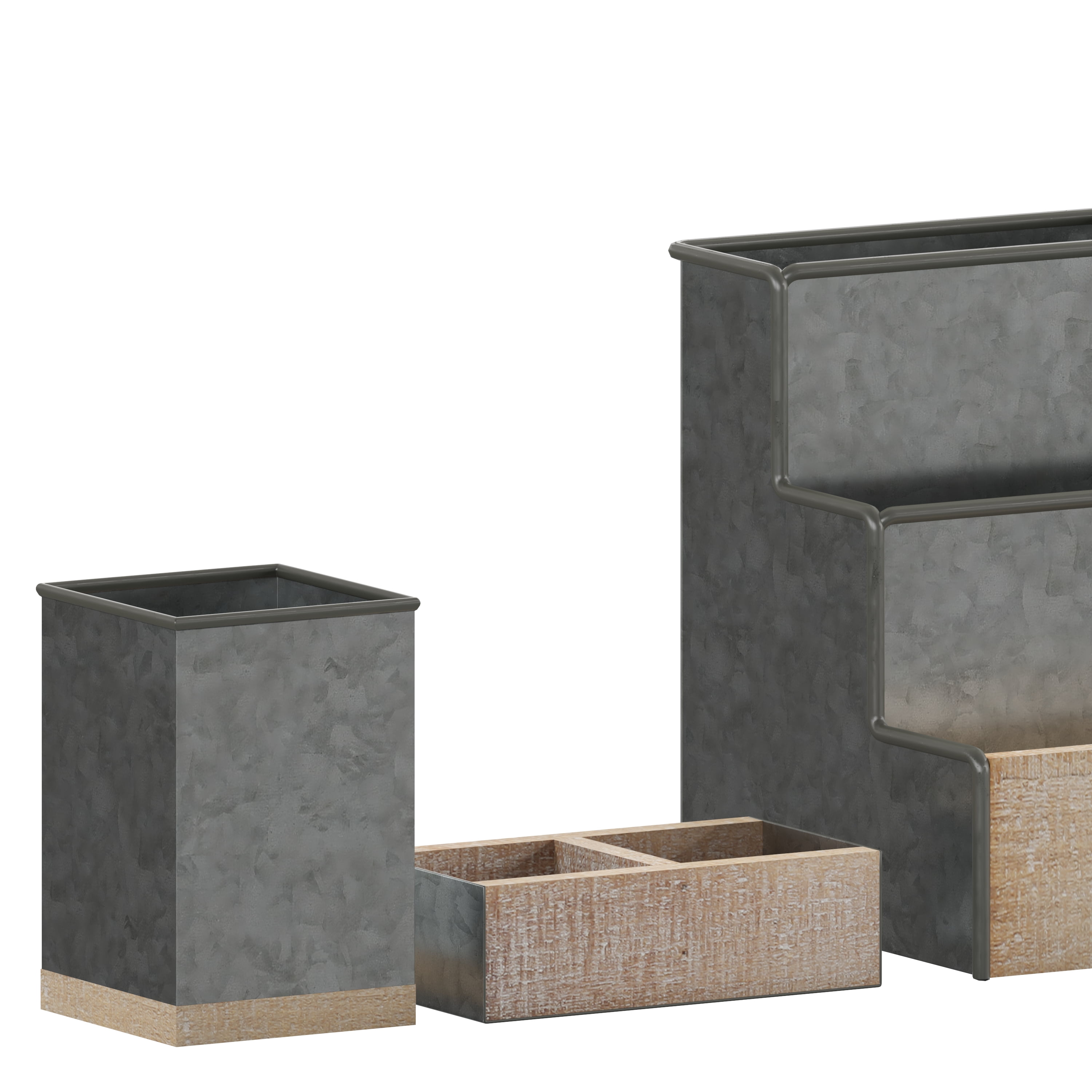 Merrick Lane 3 Piece Desk Organizer Set for Desktop, Countertop, or Vanity in Galvanized Finished Metal and Rustic Wood