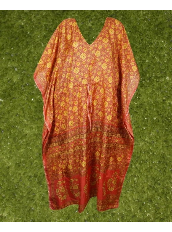 Womens Kaftan Maxi Dresses, Red Yellow Floral Printed Dresses, Beach Lounger Dresses L-2XL