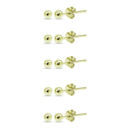 Set of 5 Ball Bead 2mm Stud Earrings in Gold Flash 925 Sterling Silver