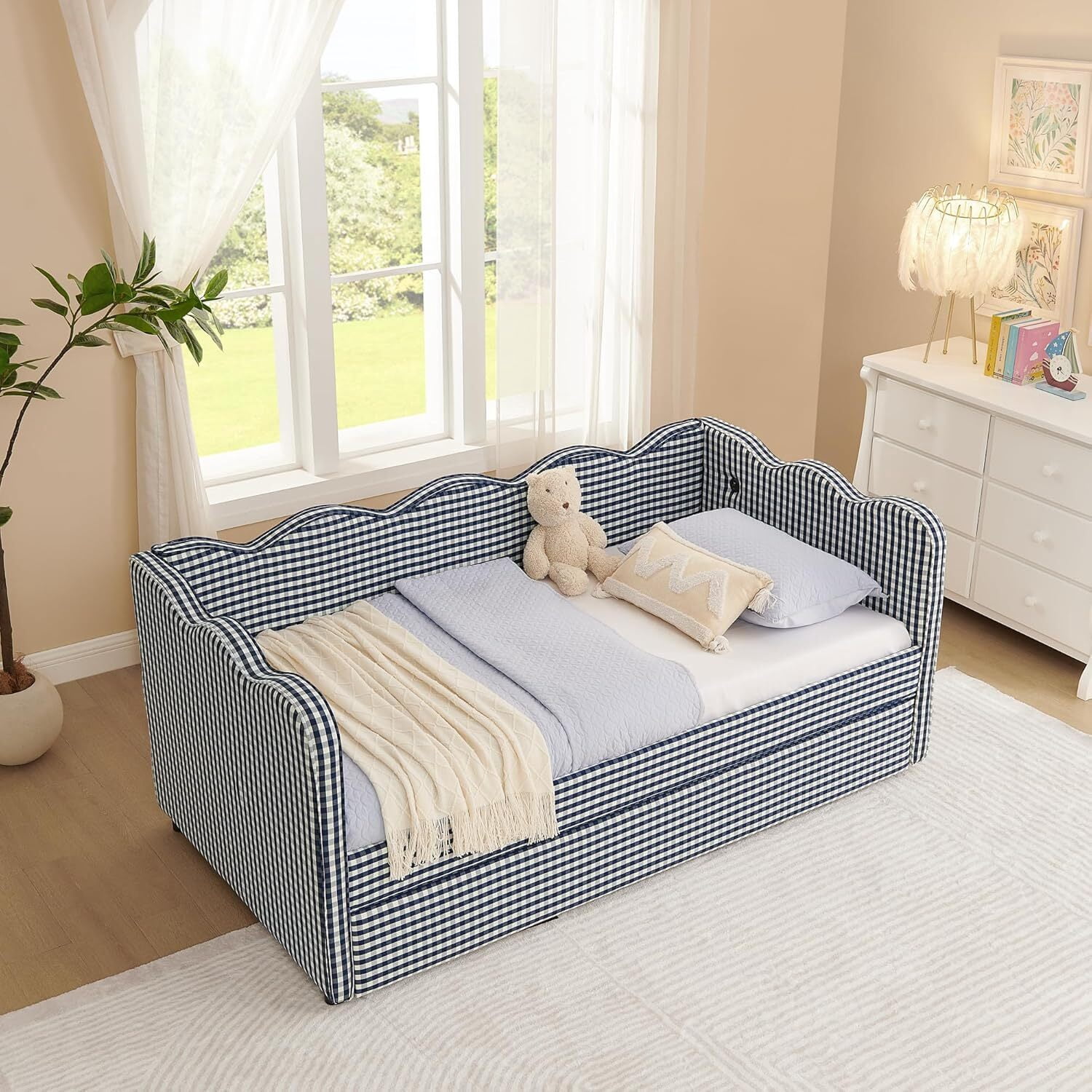 avobird Cozy Gingham Daybed with Trundle Twin Size Sofa Bed for Living Room, Sleeper Sofa with USB Port and Adorable Wave Shaped, Linen Fabric, Navy Blue