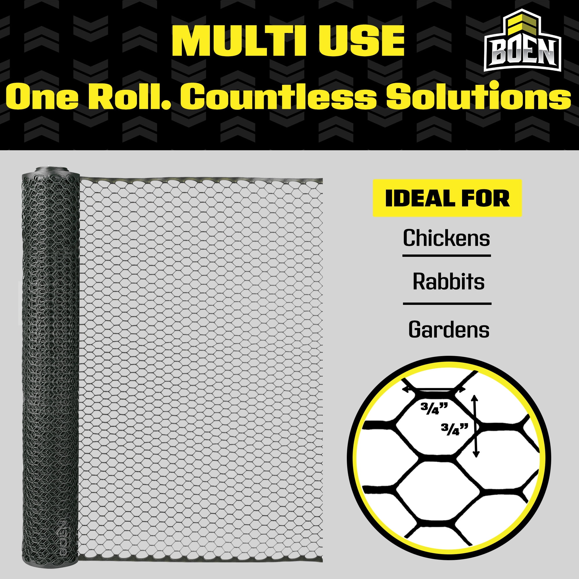 Boen - Plastic Hex Chicken Wire Mesh Temporary Fence Roll (4' x 25' - Black) - Plastic Fence Poultry Netting for Temporary or Semi Permanent Enclosures, Deer Netting Fence, Construction Fencing