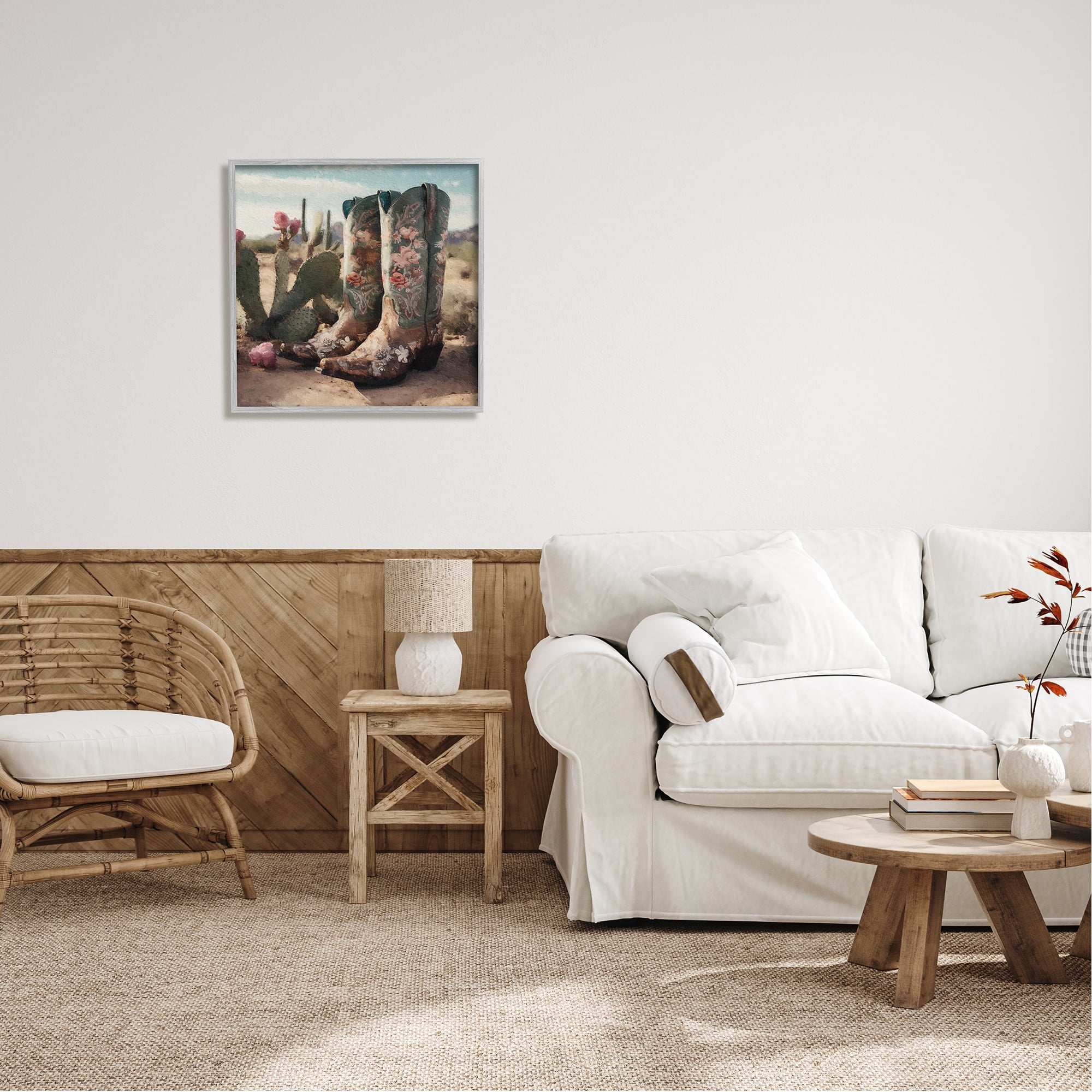 Stupell Industries Cowgirl Boots in Desert Beauty & Fashion Painting Gray Framed Art Print Wall Art, 24 x 24