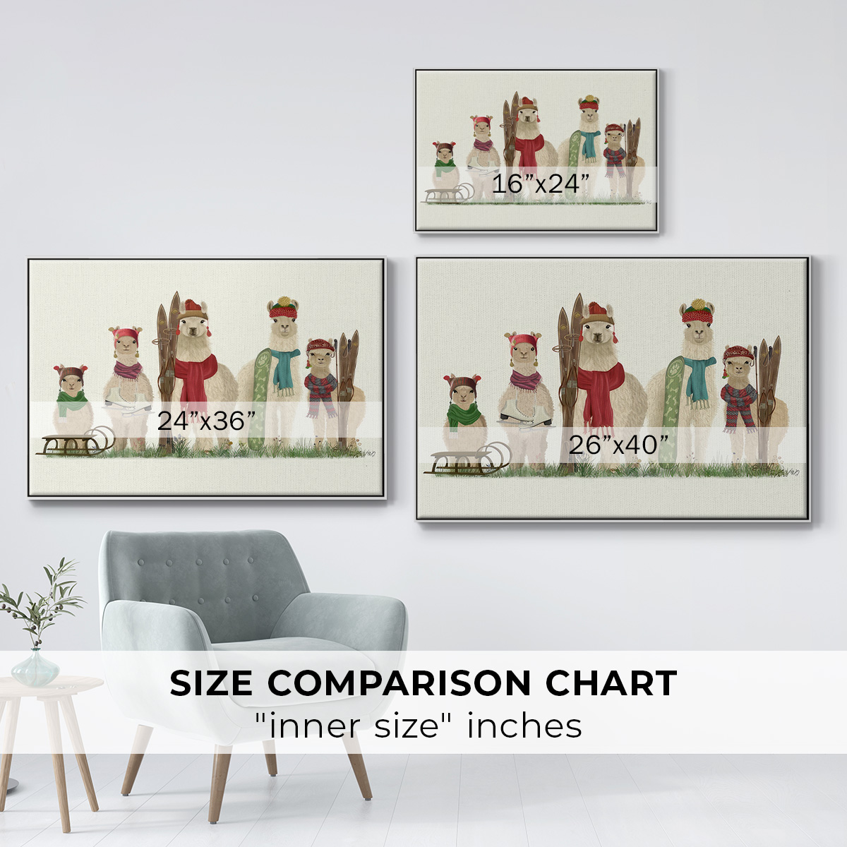 Llama Family Winter Sports - Framed Gallery Wrapped Holiday Canvas - 17 x 25 - White Frame