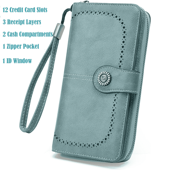 Lvelia Wallets for Women Genuine Leather Credit Card Holder with Zipper Pocket RFID Blocking Large Capacity Wristlet(Blue)