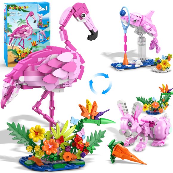 Set de construcción HOGOKIDS 3 en 1 con forma de flamenco rosa con flores, 558 unidades