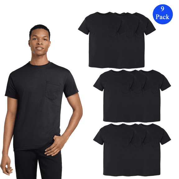 Gildan Heavy Cotton Crewneck Pocket T-Shirt, Men's 9 Pack Short Sleeve Classic Fit Tee, Black, S