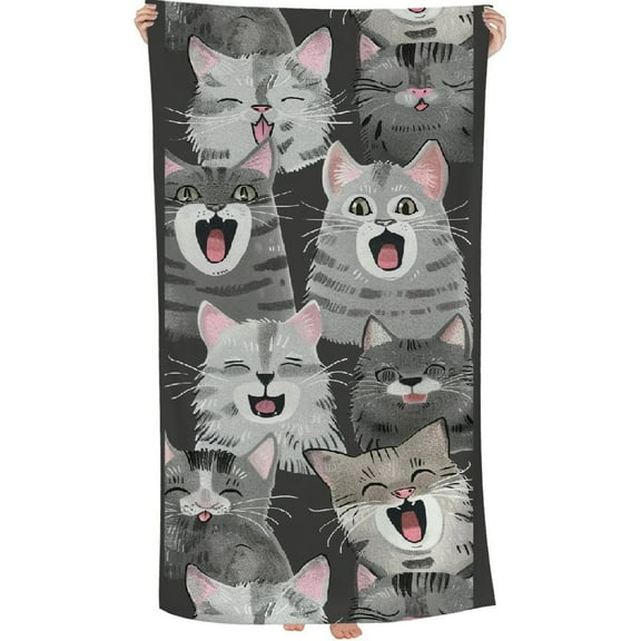 PHYHOO Cute Cat Beach Towel, Grey Large Oversized Beach Towel Lightweight Quick Dry Soft Absorbent Bath Towel, Sand Free Towel for Swimming Travel Sports 30x60in