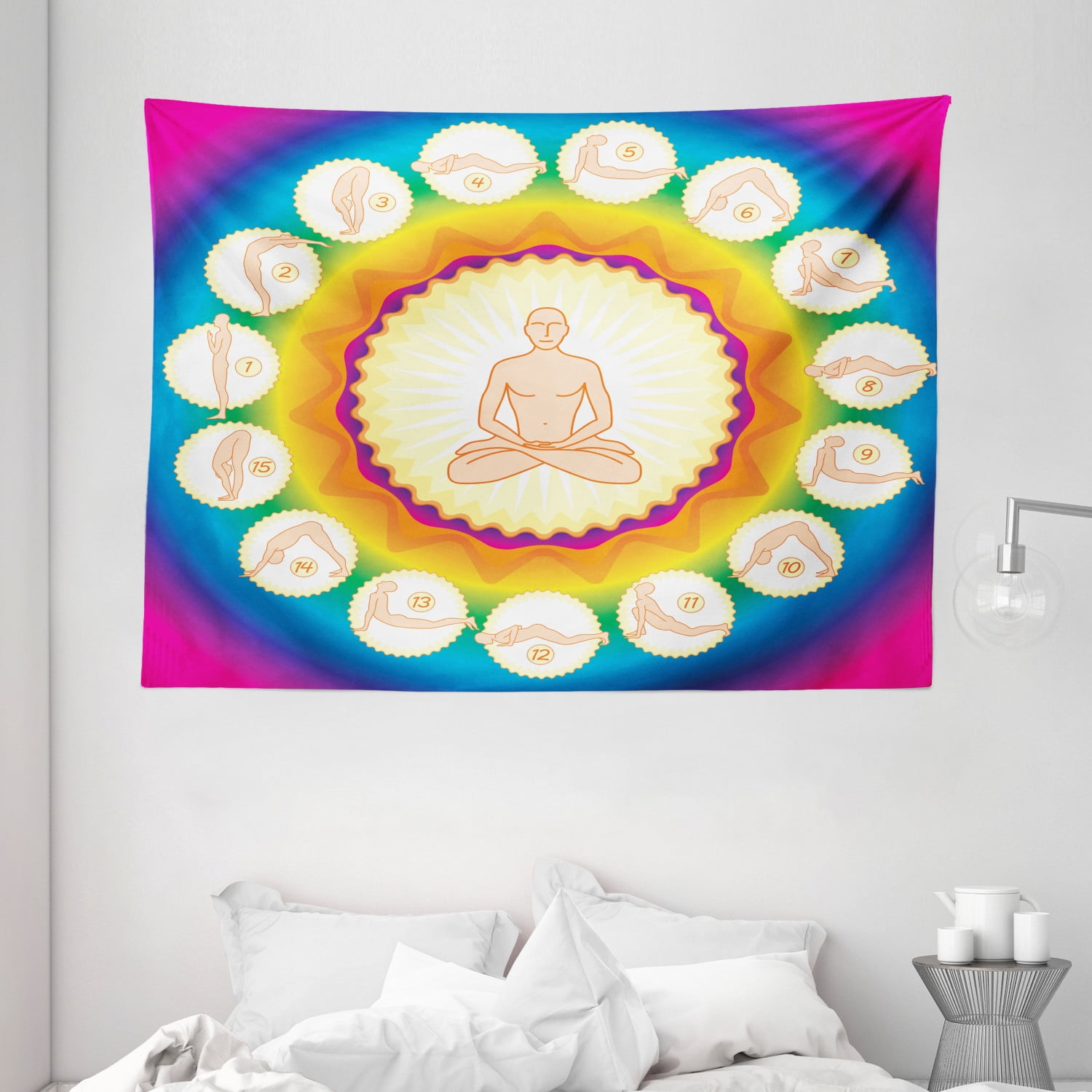 Yoga Tapestry, Yogi in The Lotus Posture and Exercises in Several Positions Surya Namaskar Vitality, Wall Hanging for Bedroom Living Room Dorm Decor, 80W X 60L Inches, Multicolor, by Ambesonne