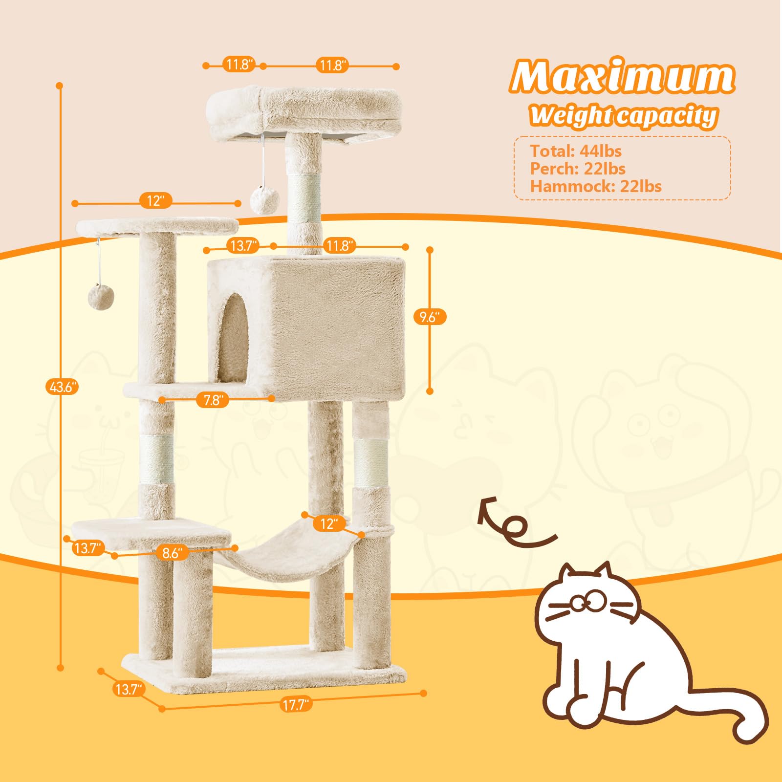 Atilioo 44 inch Cat Tree, Multi-Level Indoor Cat Tower with Condo, Hammock, Sisal Scratching Posts, Anti-Tip Bolts for Indoor Cats, Beige