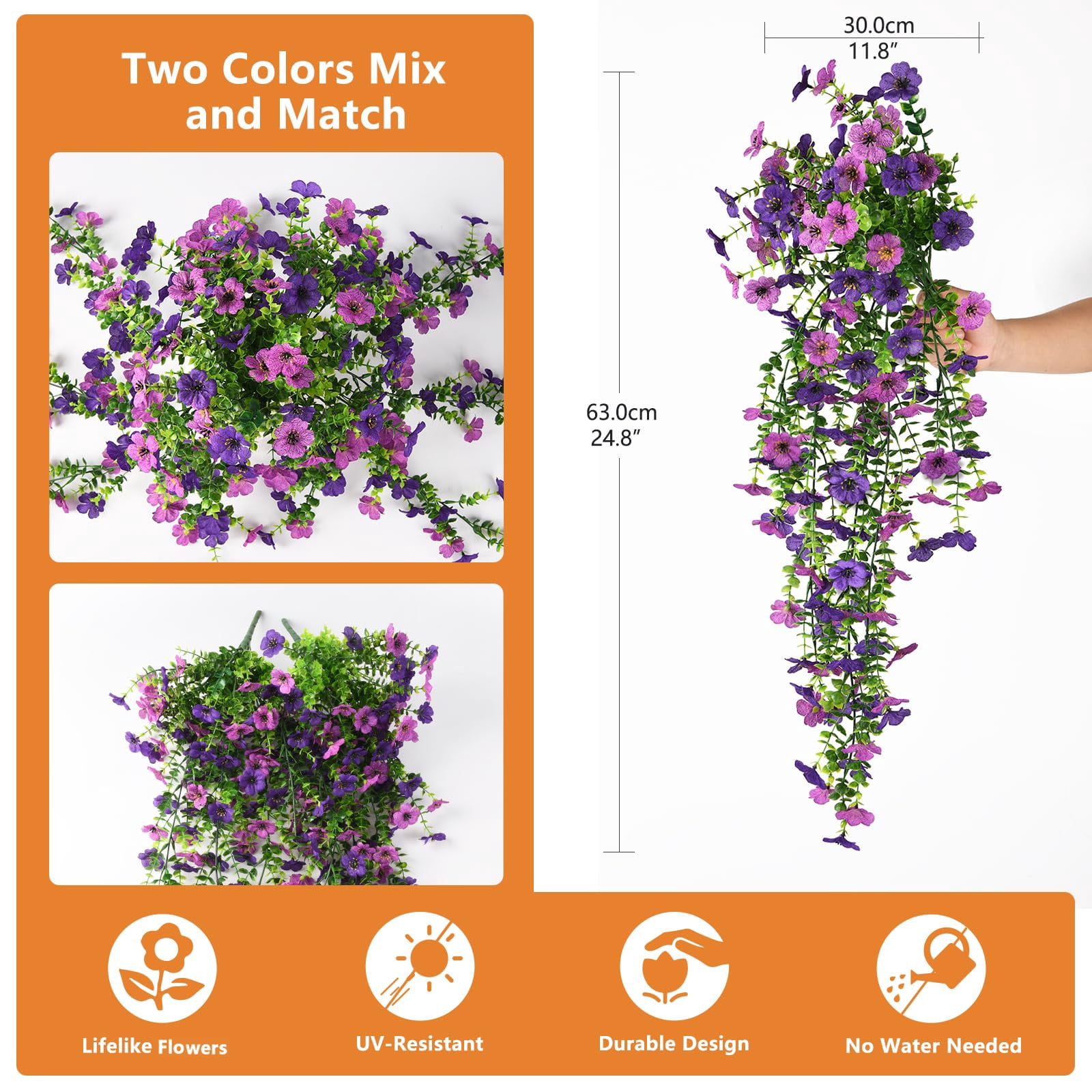 Artificial Hanging Flowers for Outdoors, 2 Pcs Fake Hanging Plant, UV Resistant No Fade Faux Flower