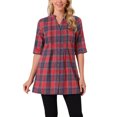 thumbnail image 1 of INSPIRAR CHIC Camisas de cuadros vintage para mujer con botones, escote en V, manga 3/4, blusa casual de Navidad, talla S, roja, 1 of 6