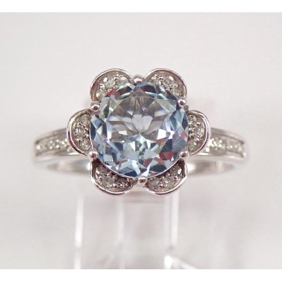14K White Gold 2.20 ct Diamond and Aquamarine Halo Flower Engagement Ring