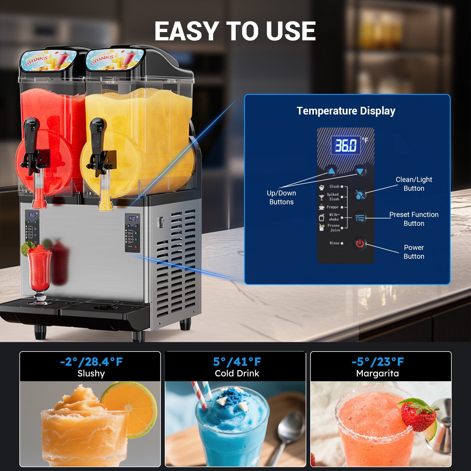 Joreek 6.4Gal/24L Commercial Slushy Machine Independently Control 2 Tank 5-45 Minutes to Make Margarita & Slushie & Cold Drink,Built-in LED Light Frozen Drink Maker Self-cleaning