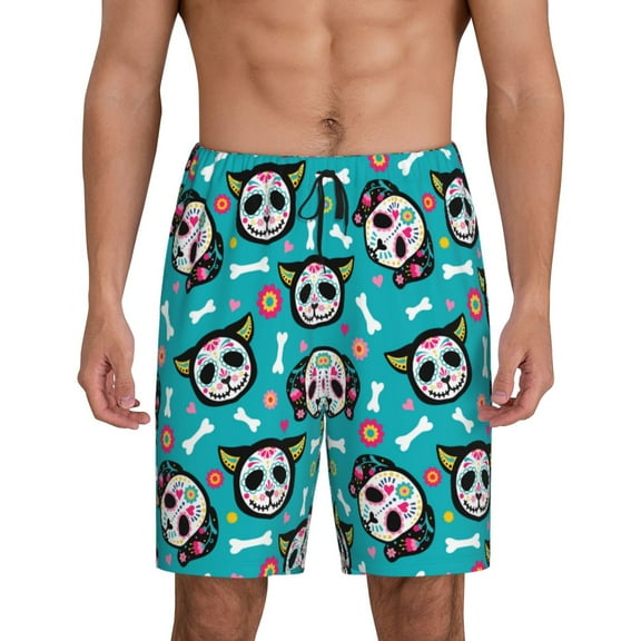 Logiee Cartoon Dog And Cat Print Men's Pajama Shorts with Drawstring & Pockets,Sleep Shorts for Men,Sleepwear Bottoms,Elastic Waistband Loungewear-Small