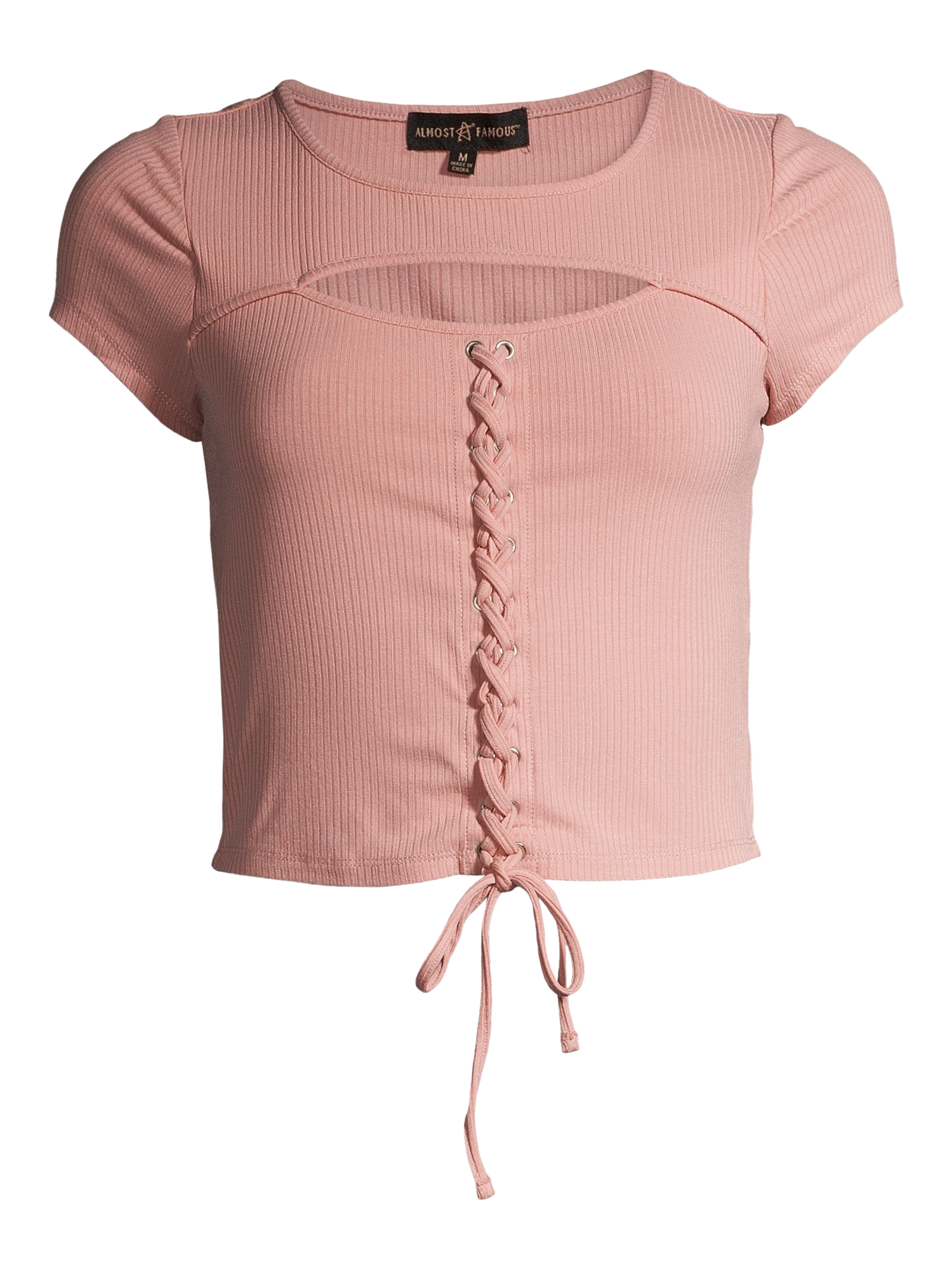 Almost Famous Juniors' Lace Up Corset T-Shirt with Cutout