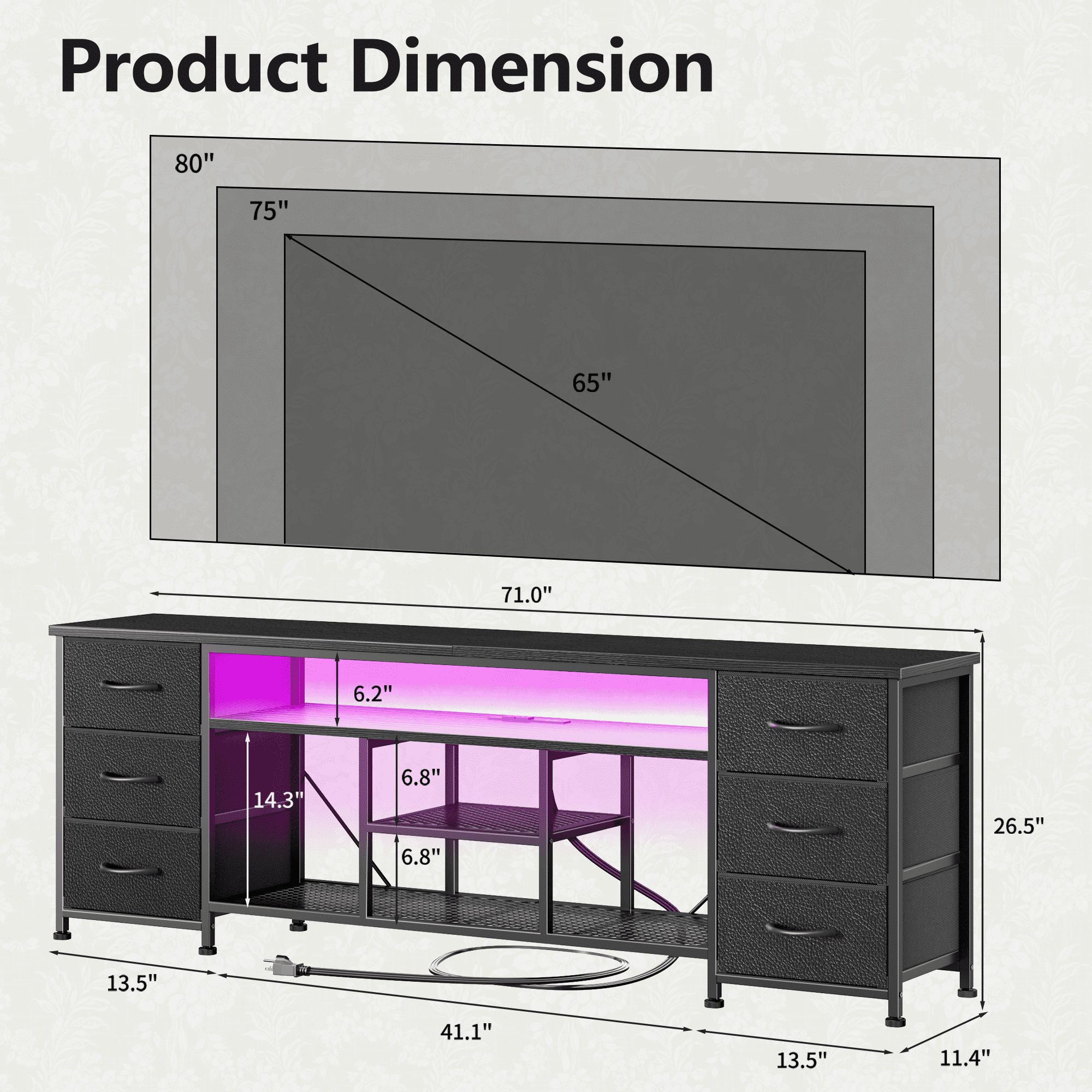 Tydimor Modern TV Stand for TVs up to 80", LED Entertainment Center with Power Outlets and 6 Drawers, Media Console with Storage for Living Room, Black