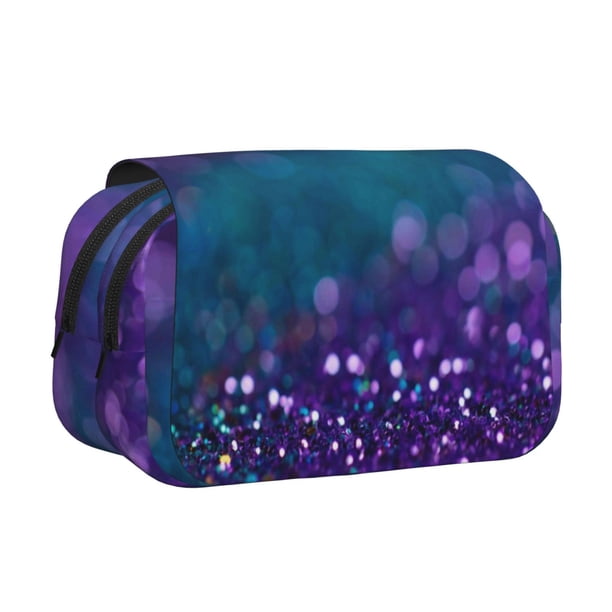 Disketp Purple and Green Glitter Estuche de Lápices de Doble Capa con Tapa Abatible y Cremallera, Organizador Escolar para Adolescentes y Adultos
