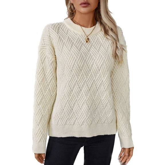 SWSMCLT Women's Soft Knit Sweater Long Sleeve Pullover Sweaters Thermal Knitted Short Winter Top Warm Fashion Crewneck Spring Drop Shoulder Loose Fit Beige Large