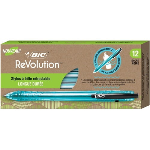 BIC ReVolution Ocean Retractable Ballpoint Pen Medium Pen Point - 1 mm Pen Point Size - Retractable - Black - Semi-transparent Barrel - 12 / Dozen