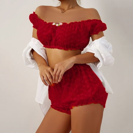 

UoCefik Sexy Lingerie for Women Mesh Ruffle Bodysuit Off the Shoulder Sexy Lingerie Set S