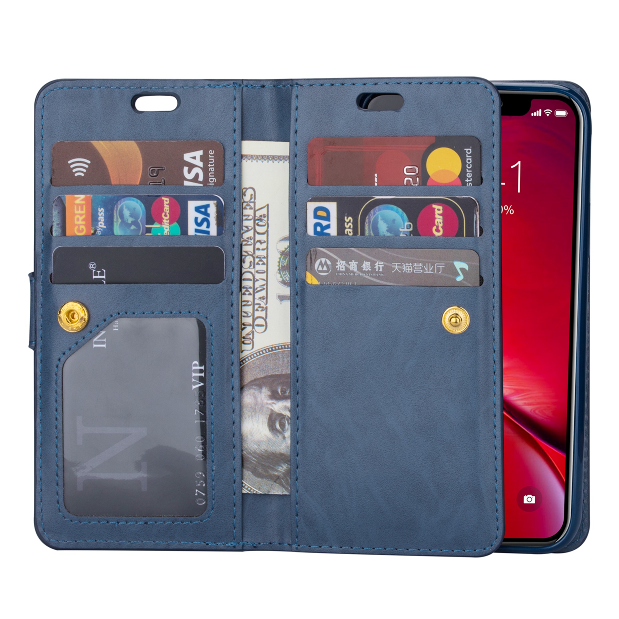 iPhone 11 Pro Max 6.5 inch Wallet Case, Dteck 9 Card Slots Premium Leather Zipper Purse case Flip Kickstand Folio Magnetic with Wrist Strap Credit Cash Cover For Apple iPhone 11 Pro Max, Blue - image 4 of 7