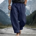 thumbnail image 2 of Linen Pants for Men Elastic High Waist Drawstring Wide Leg Pants Casual Breathable Summer Vacation Beach Trousers, 2XL, 2 of 9