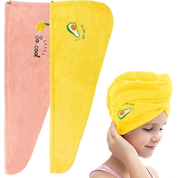 wonima11 Hair Drying Towel for Kids Microfiber Hair Towel Wrap with Buttons Super Absorbent Twist Turban Shower Gift for Women and Girls (Pink+Yellow Fruit)