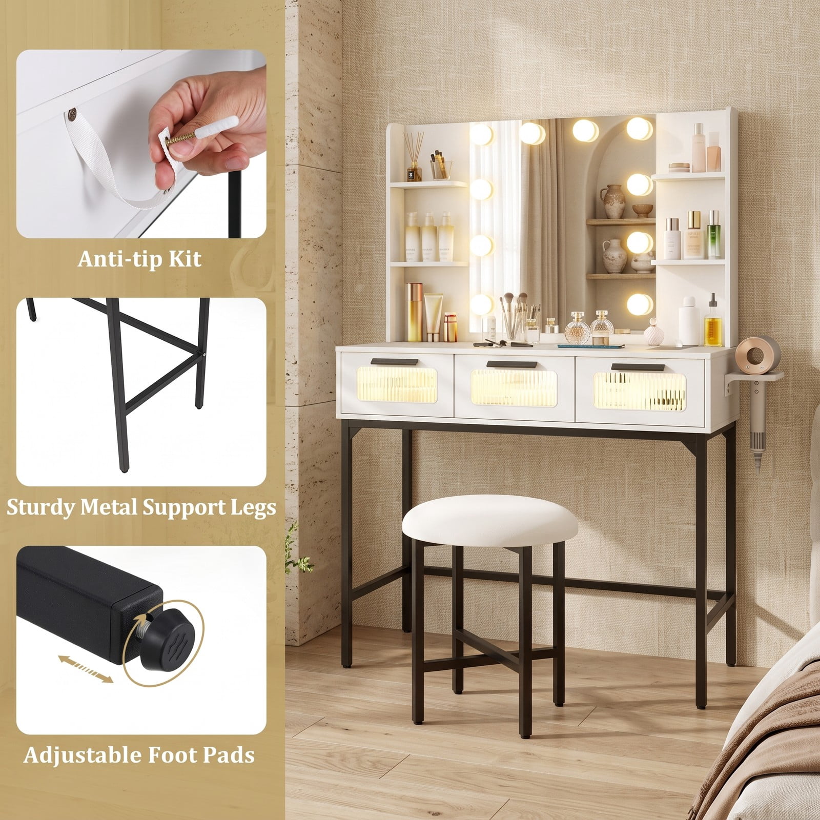 Furnibear Makeup Vanity Desk with Hollywood Mirror and 10 Lights Padded Stool Built-In Charging Station for Bedroom, White