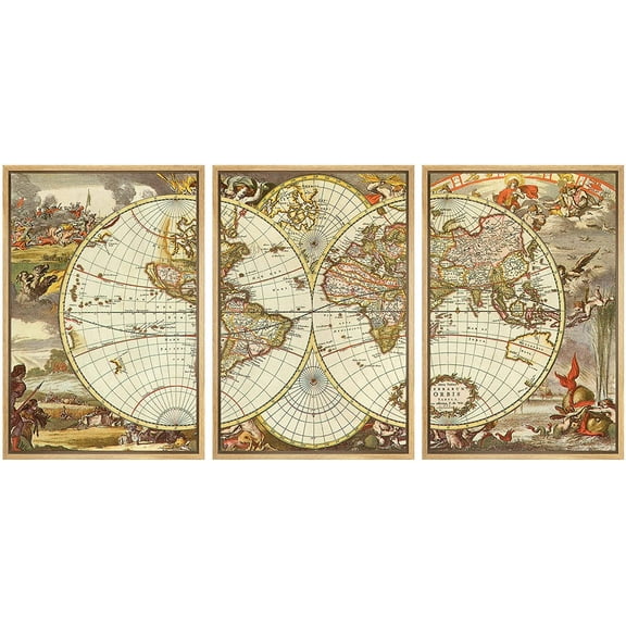 wall26 - 3 Panel Framed Canvas Wall Art - Vintage World Map - Giclee Print Gallery Wrap Modern Home Art Ready to Hang - 16"x24"x3 NATURAL