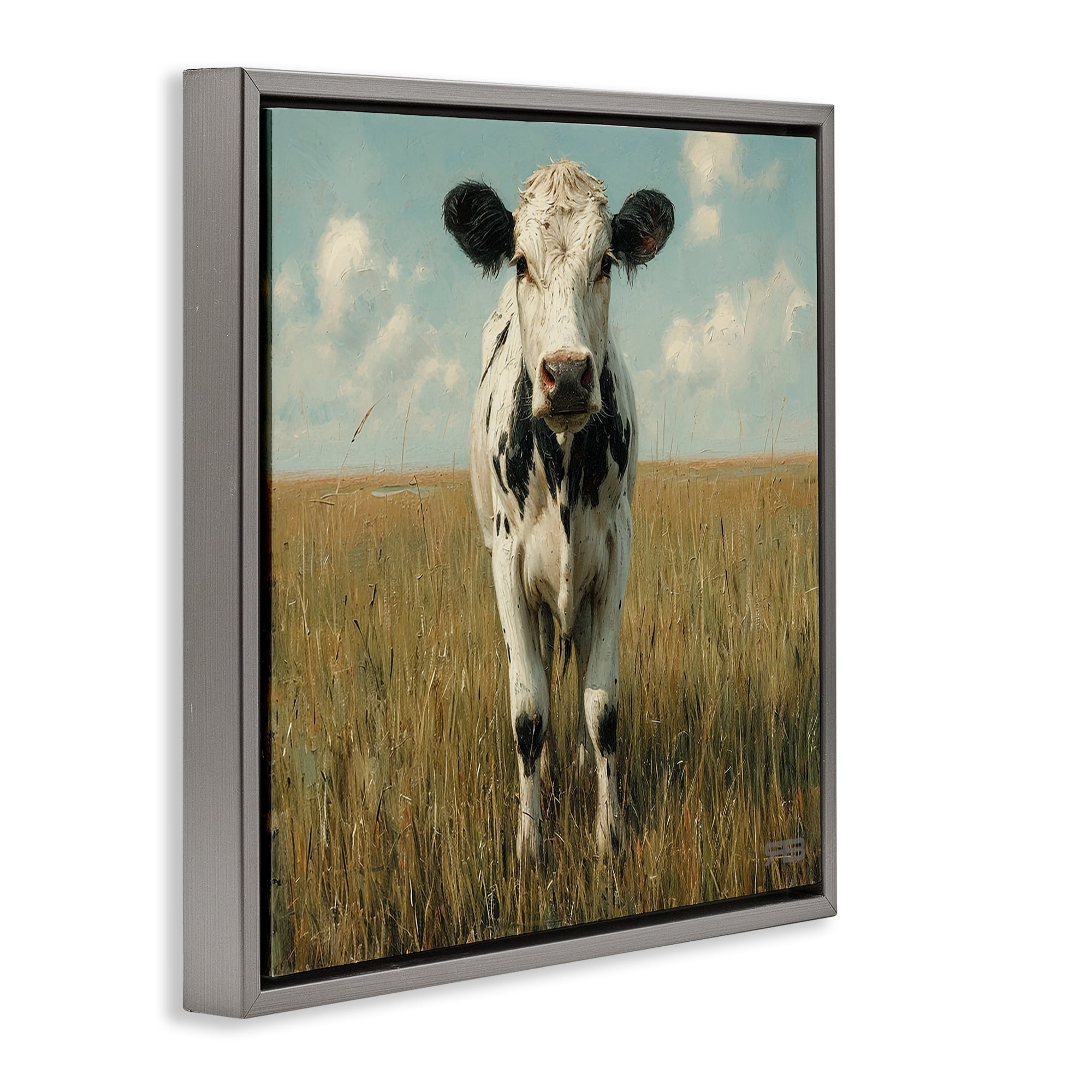 Stupell Industries Cow in Verdant Field Animals & Insects Painting Gray Floater Framed Canvas Art Print Wall Art, 18 x 18