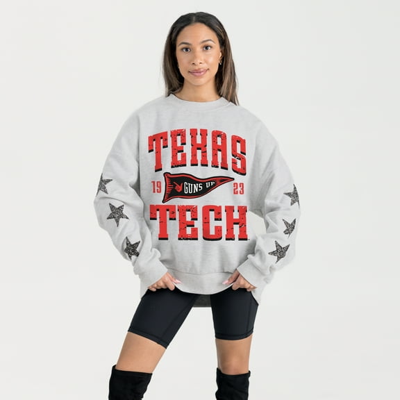 Women's Gameday Couture Ash Texas Tech Red Raiders Oversized Pennant Pride Rhinestone Star Sleeve Sweatshirt