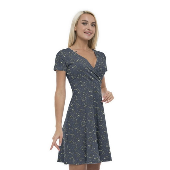Women’s A Line Zodiac Summer Dress, Retro Triangle Arrangement, Cross Wrap V Neck, 6 Sizes, by Ambesonne