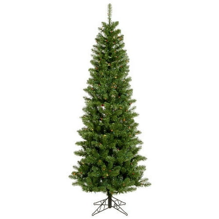 Vickerman Salem Pencil Pine 7.5' Green Artificial Christmas Tree with 350 Multicolored Lights with Stand