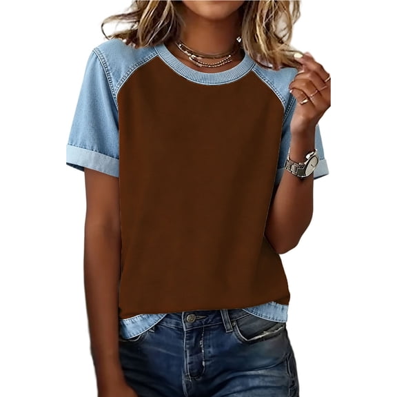 Staron Summer Tops for Women Casual Short Sleeve Round Neck Patchwork Blouse Shirt, Brown S