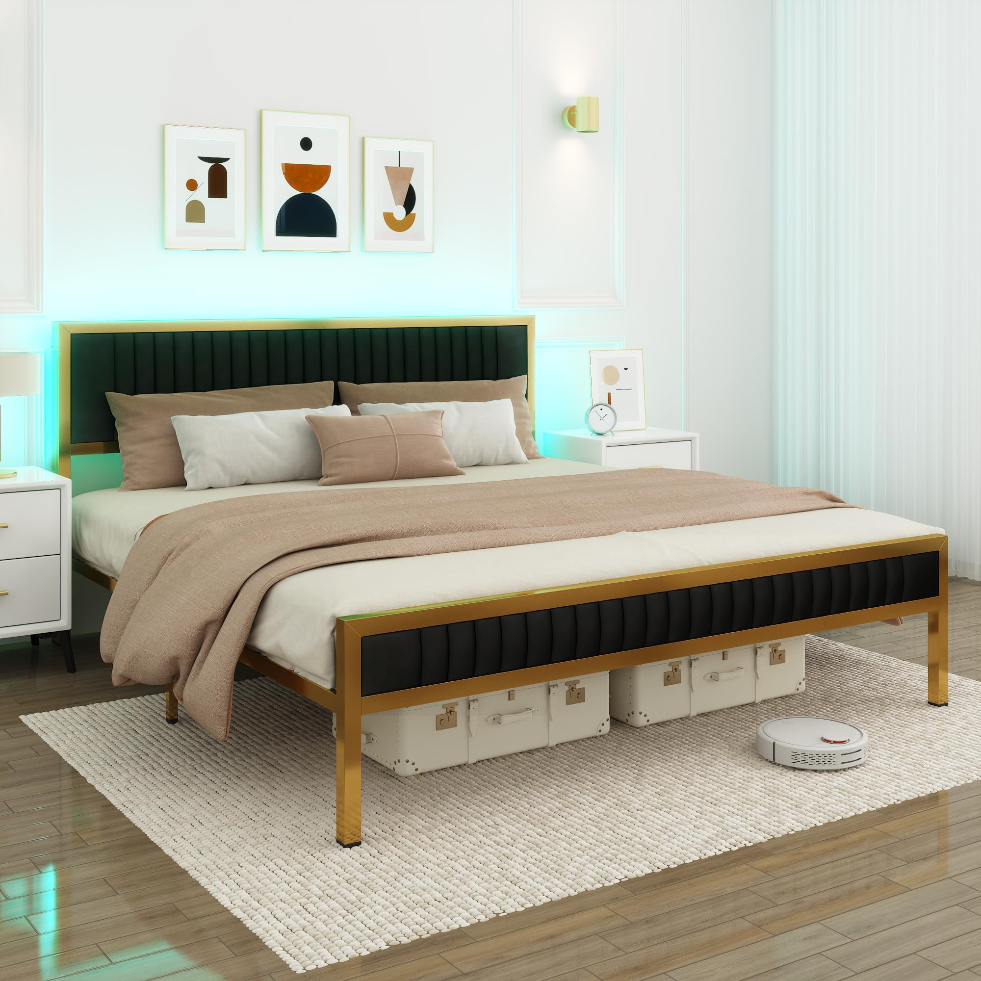 Queen Size LED Bed Frame with Velvet Headboard, Metal Upholstered