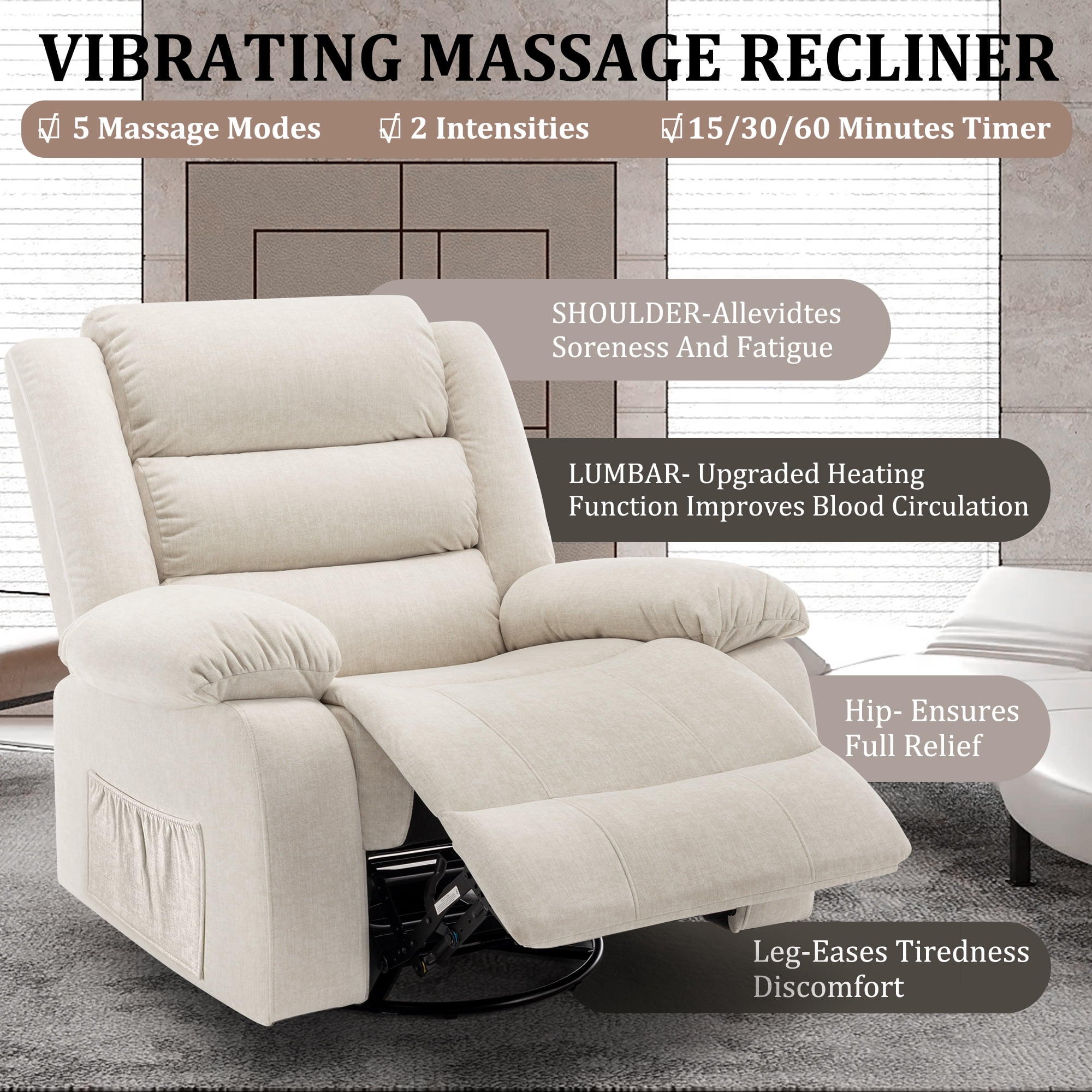 Korser Oversized Swivel Rocker Recliner Chair for Adults 40.6'' Wide for Nursery Living Room,Beige