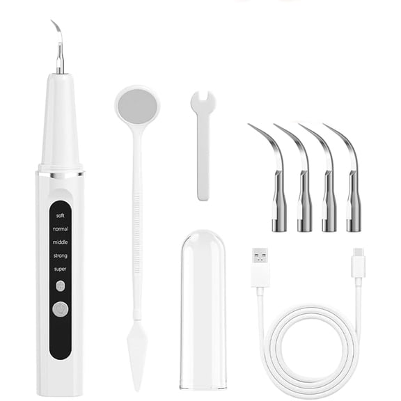 Koudindg Rechargable Oral Plaque/Tartar Remover for Teeth, Oral Care, Teeth Cleaning Kit with LED Light & 5 Adjustable Modes Dental Scaler Oral Care, for Adults and Youth, Pets (White)