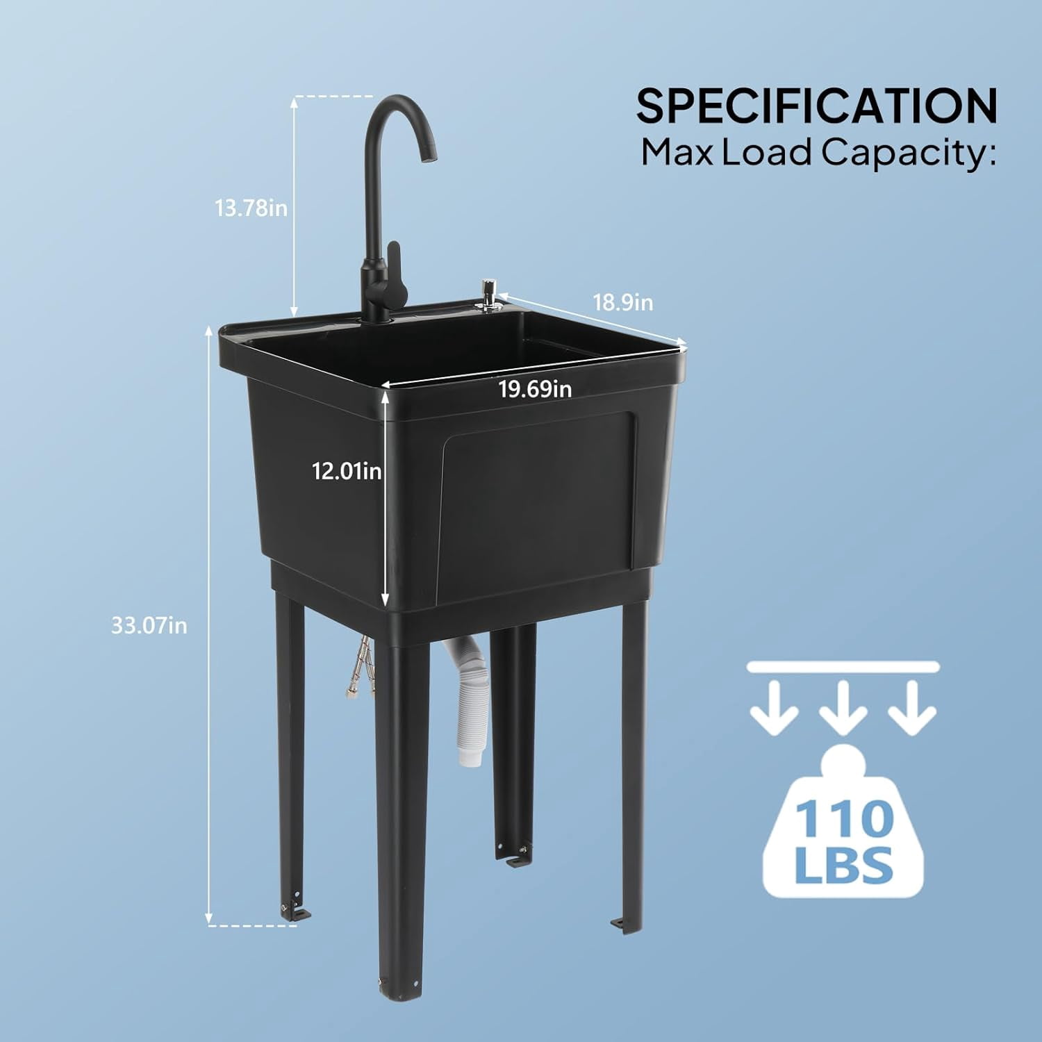 Ktaxon 13 Gallon Plastic Utility Sink with Hot/Cold Faucet, 33" Freestanding Laundry Tub with Iron Legs, Soap Dispenser and Pop-up Button for Bathroom, Laundry Room, Garage, Black