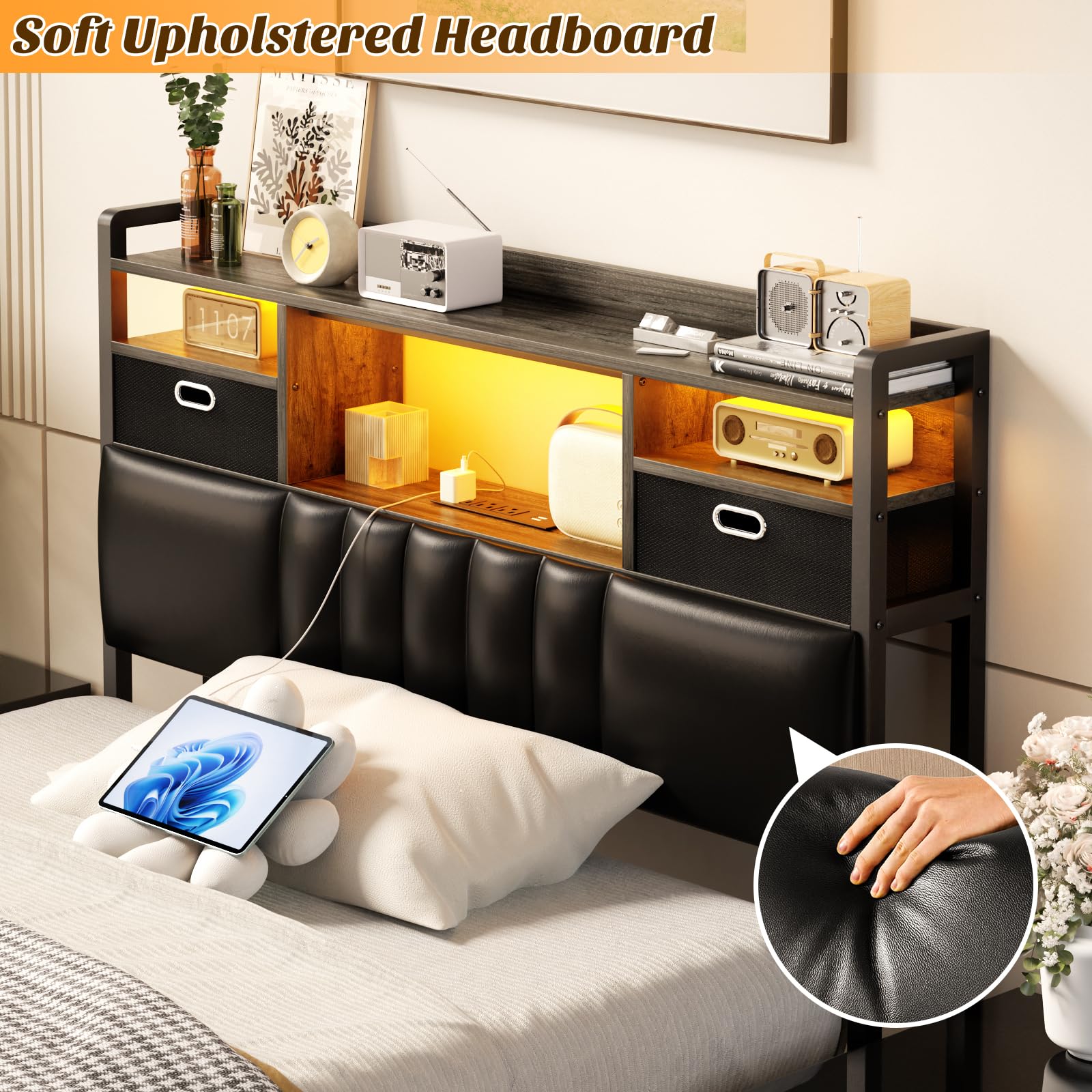 Aheaplus Twin Headboard with Drawer Storage and RGB LED Light, Twin Size Upholstered Headboard with Charging Station and Bookcase, for Bedroom/Dorm Room/Guest Room, Black Oak