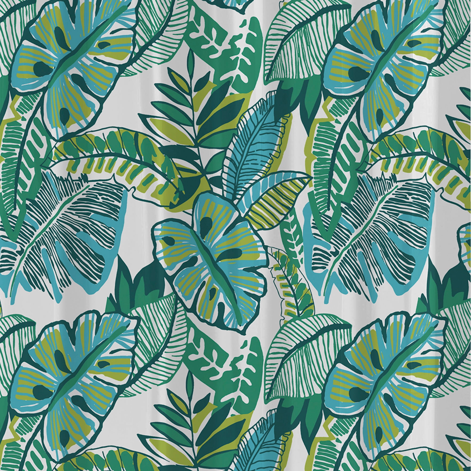 Mainstays Waterproof 30% Recycled PEVA Tropical Palms Shower Curtain Set & Hooks, 13-Piece Green