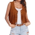 thumbnail image 1 of Xuanfei Women Retro Snap Button Fringed Sleeveless High-Low Hem Western Vest, 1 of 7